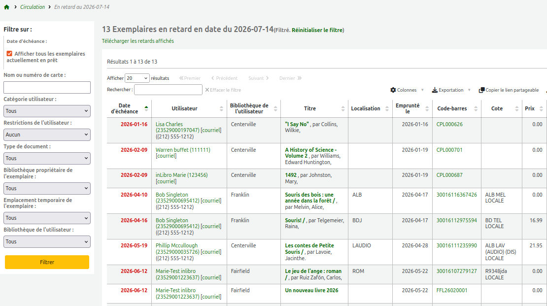 vue d'une liste de tous les documents empruntés