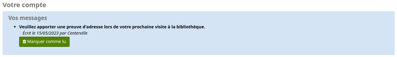 Message à l'OPAC avec bouton Marquer comme lu