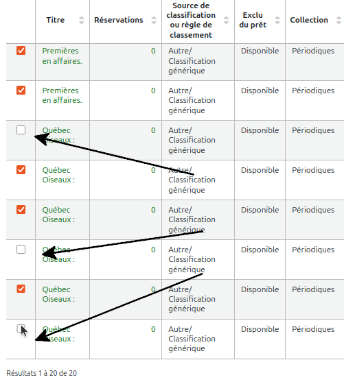 vue des cases à cocher ou non de la liste des exemplaires. Décocher celles des exemplaires qui n'ont pas besoin de modification