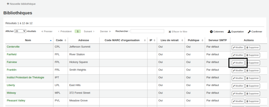 Liste de bibliothèques, le bouton Modifier à droite de l'une d'elles est mis en évidence