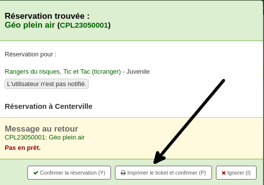 Vue du bouton «Imprimer le ticket et confirmer» de la fenêtre de confirmation de réservation