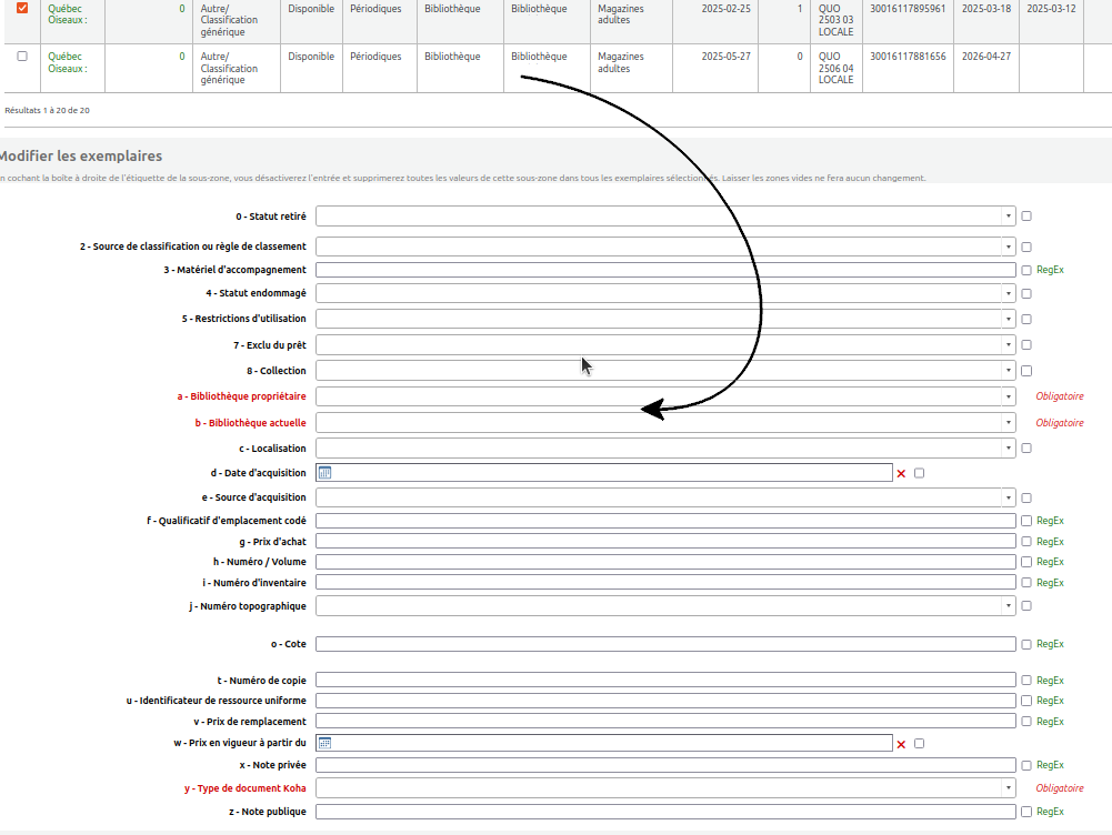 page de modification, voir les sous-zones d'exemplaire 952$ sous la liste des exemplaires à modifier