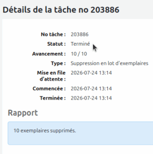 vue des champs "Statut= Terminé" et "Avancement = 10/10" dans la page de détails de la tâche de suppression.