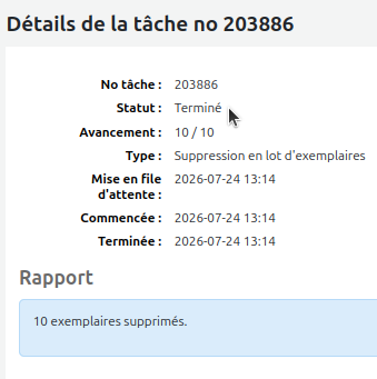 vue des champs "Statut= Terminé" et "Avancement = 10/10" dans la page de détails de la tâche de suppression.