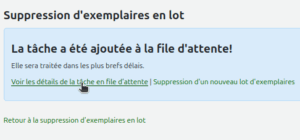 vue du lien "Voir les détails de la tâche en file d'attente" sous le message "Suppression d'exemplaires en lot ... La tâche a été ajoutée à la file d'attente".