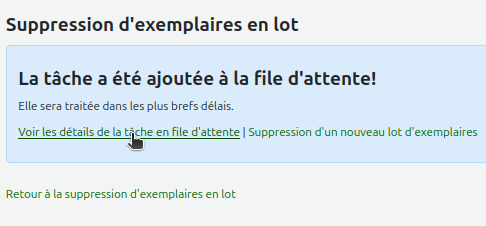vue du lien "Voir les détails de la tâche en file d'attente" sous le message "Suppression d'exemplaires en lot ... La tâche a été ajoutée à la file d'attente".