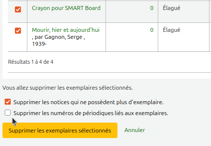 vue des options "supprimer les notices" et "supprimer les numéros de périodiques" sous la liste des exemplaires de l'outil de suppression.