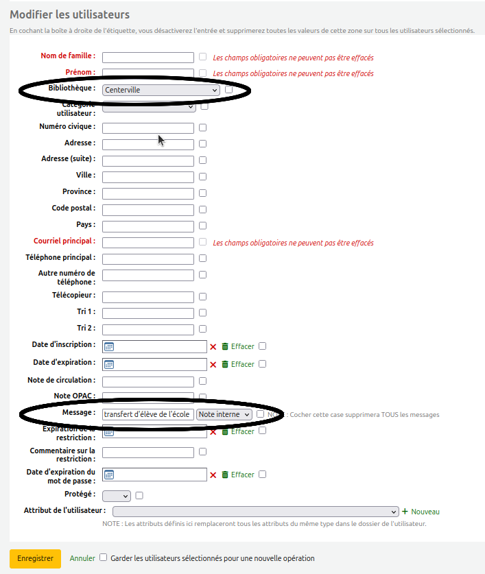 vue des champs "Bibliothèque" et "Message" de note de transfert dans le formulaire de modification des utilisateurs.