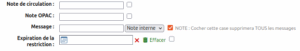 vue de la case du champ «note de circulation» pour effacer son contenu