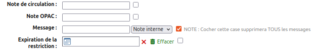 vue de la case du champ «note de circulation» pour effacer son contenu