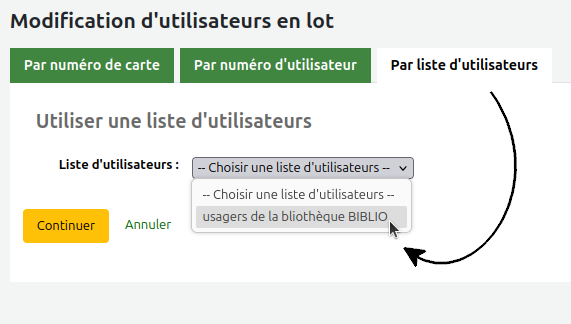 vue de l'onglet "par liste d'utilisateurs" et du choix d'une liste dans le menu déroulant de l'outil de modification d'utilisateurs en lo