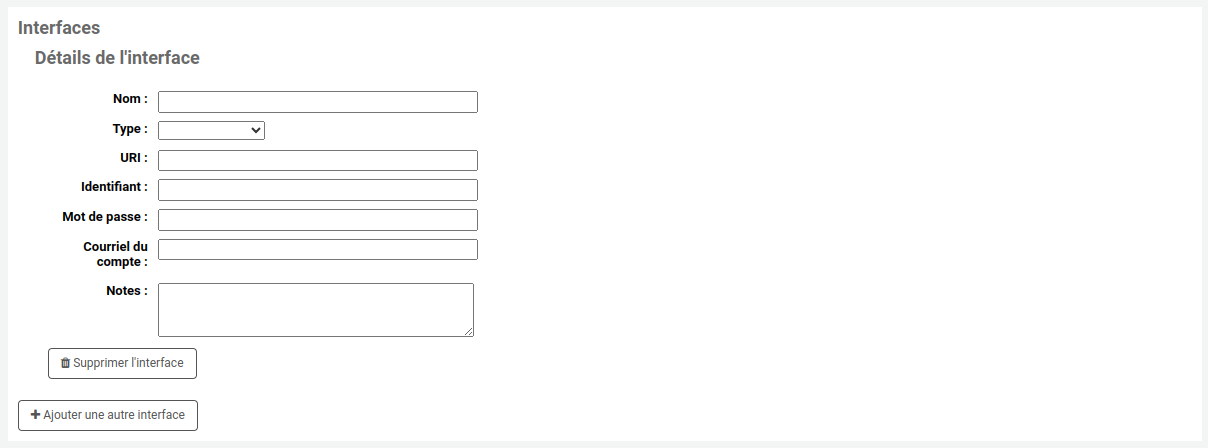 Section du formulaire de fournisseur pour ajouter des interfaces