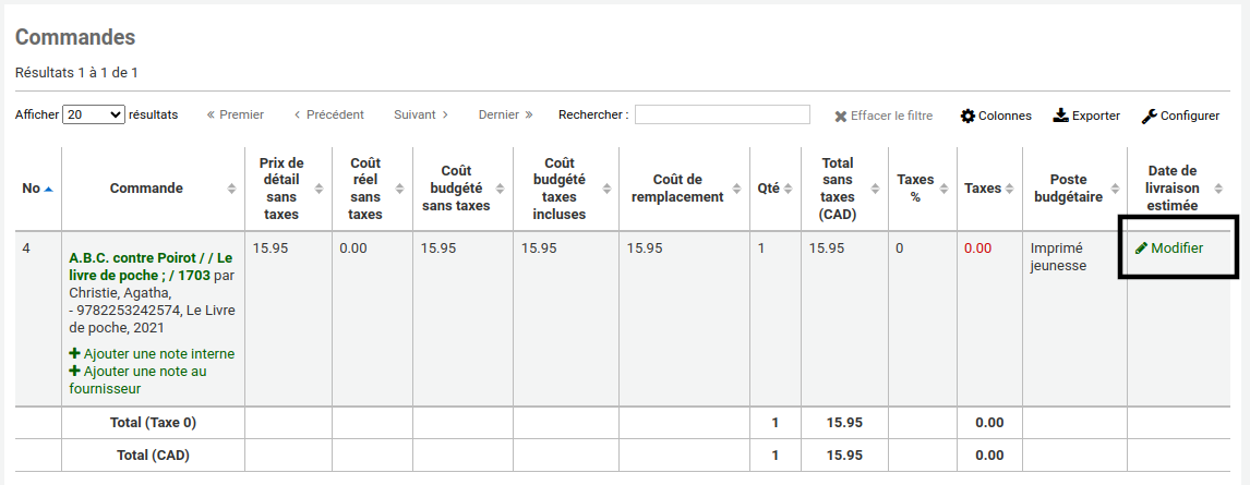 Vue d'une commande dans un panier d'acquisitions, e lien pour modifier la date estimée de livraison est mis en évidence