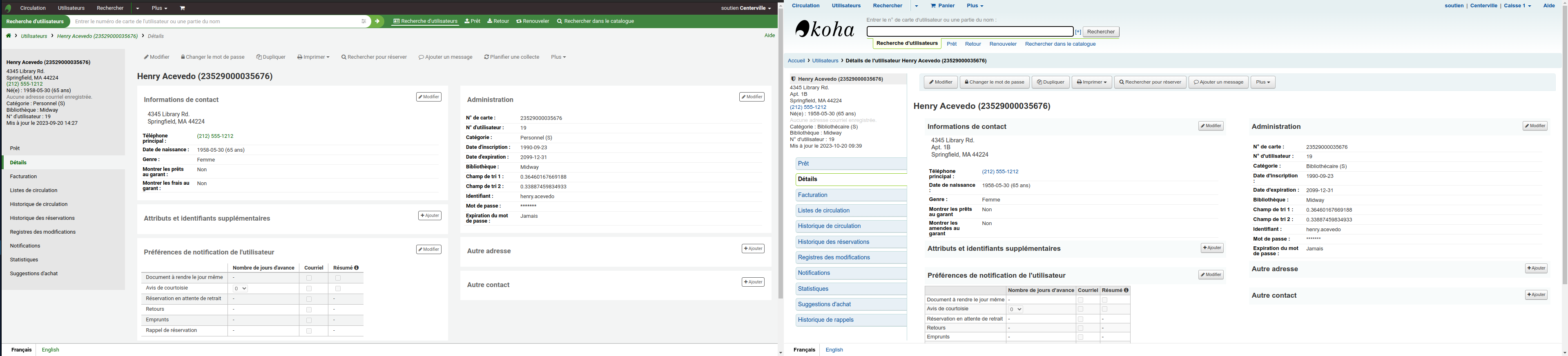 Comparaison d'un dossier d'utilisateur dans Koha, 23.05 est à gauche, 22.05 est à droite