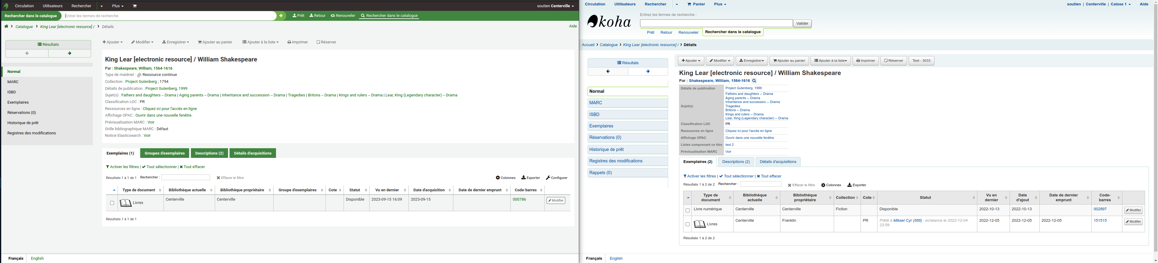 Comparaison de l'affichage d'une notice détaillée dans l'interface professionnelle de Koha, 23.05 est à gauche, 22.05 est à droite