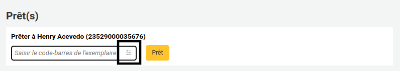 Boîte de prêt, le bouton de paramétrages du prêt à droite dans le champ de texte est mis en évidence