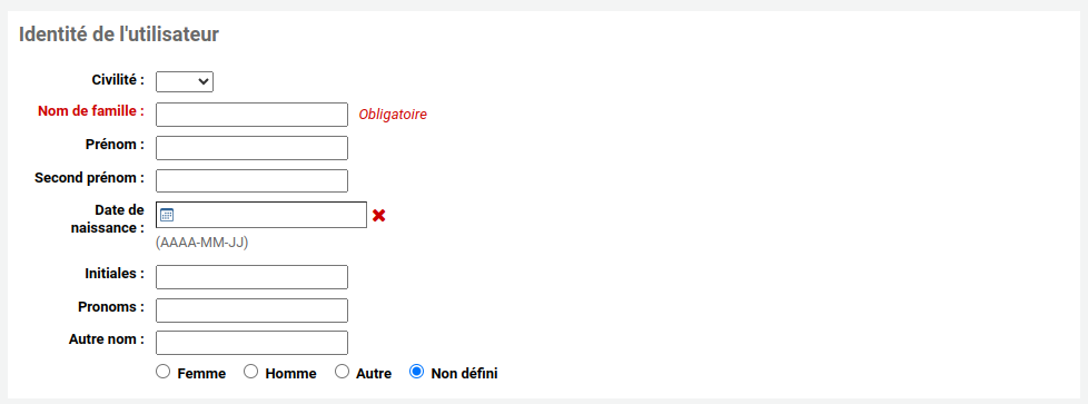 Section identité du formulaire d'ajout d'utilisateur