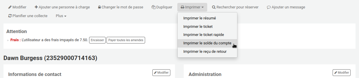 Le bouton imprimer dans un dossier d'utilisateur est enfoncé et le curseur de la souris est sur l'option Imprimer le solde du compte.