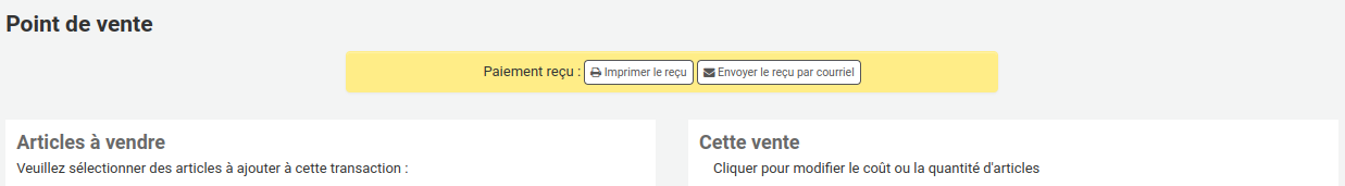 Options pour imprimer le reçu ou l'envoyer par courriel dans le module de point de vente.