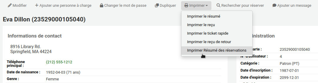 Menu "Imprimer" dans un dossier d'utilisateur. Les options sont Imprimer le résumé, Imprimer le reçu, Imprimer le ticket rapide, Imprimer le reçu de retour, et Imprimer Résumé des réservations. Le curseur de la souris se trouve sur la dernière option "Imprimer Résumé des réservations".