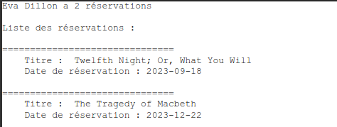 Reçu avec le texte
Eva Dillon a 2 réservations
Liste des réservations :
===============================
Titre :  Twelfth Night; Or, What You Will 
Date de réservation : 2023-09-18
===============================
Titre :  The Tragedy of Macbeth 
Date de réservation : 2023-12-22