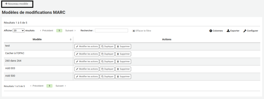 Page des modèles de modification MARC, le bouton Nouveau modèle en haut à gauche est mis en évidence
