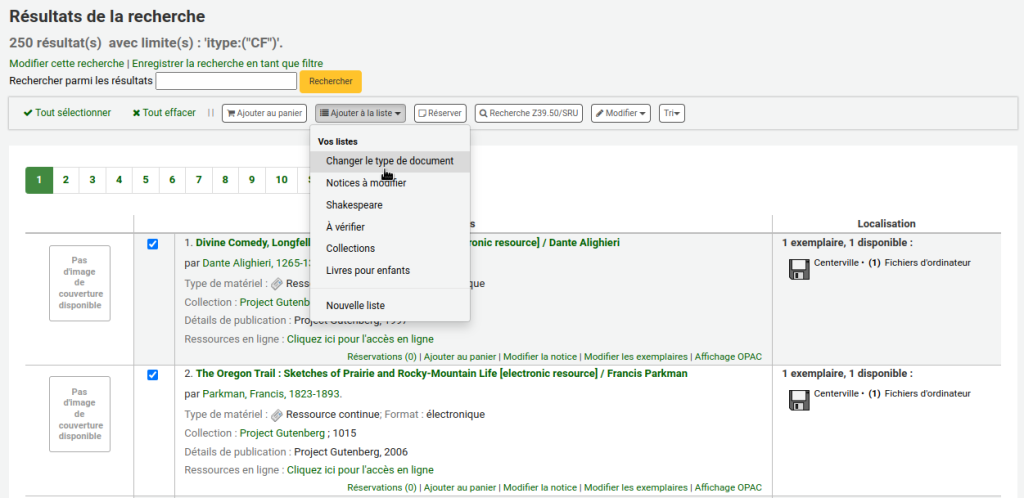 Page des résultats de recherche, les résultats sont cochés, le bouton Ajouter à la liste est ouvert et le curseur de la souris est sur la liste appelée Changer le type de document.