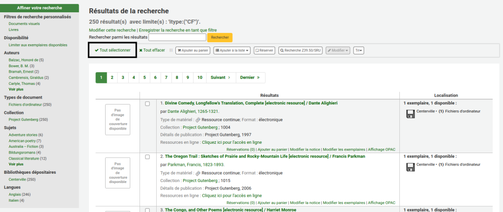 Haut de la page des résultats de recherche, le lien "Tout sélectionner" au dessus des résultats est mis en évidence