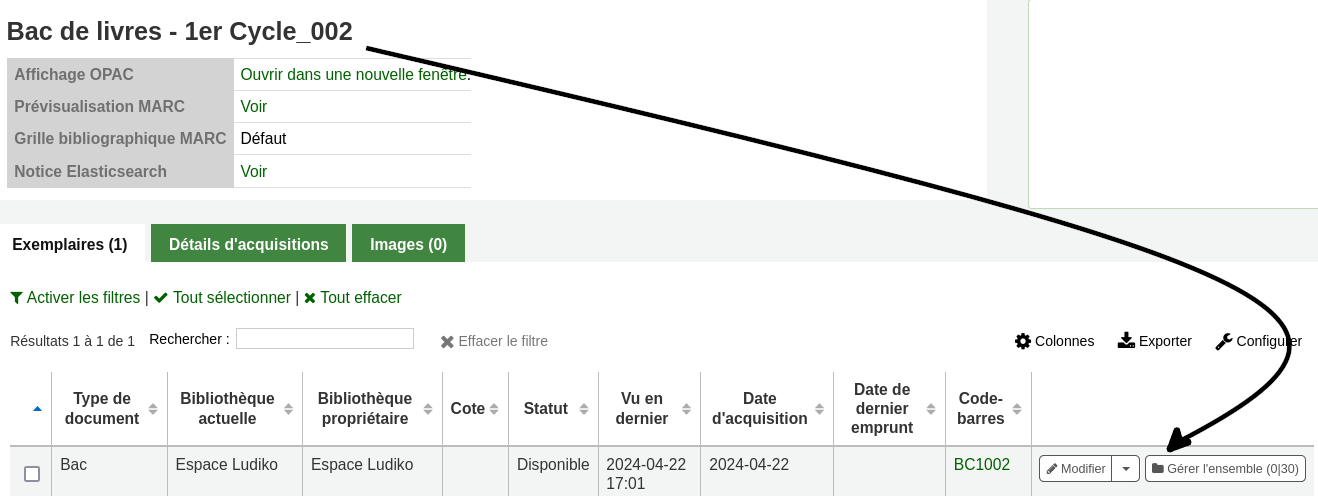 vue du bouton «Gérer l'ensemble» près du modifier de l'exemplaire dans la notice