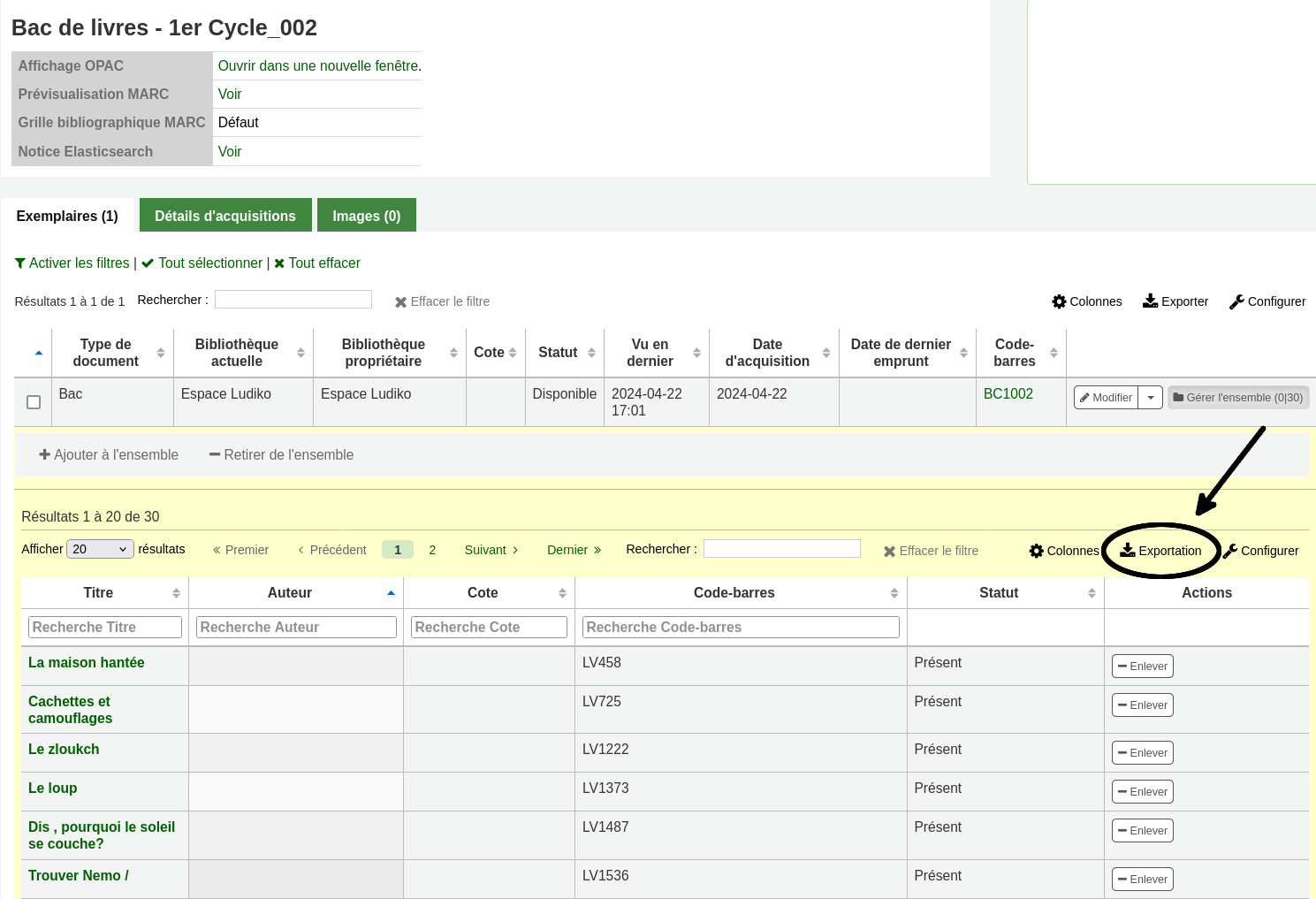 vue du bouton «Exportation» dans le panneau de contrôle du contenu de l'ensemble. Ce panneau est sous l'"exemplaire-ensemble" de la notice