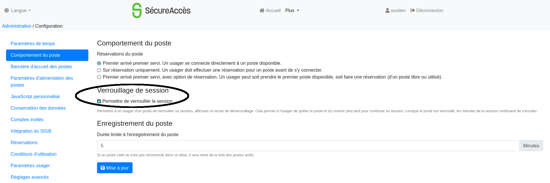 vue du paramètre "verrouillage de session" dans l'onglet "Comportement du poste" des configurations Sécure-Accès.