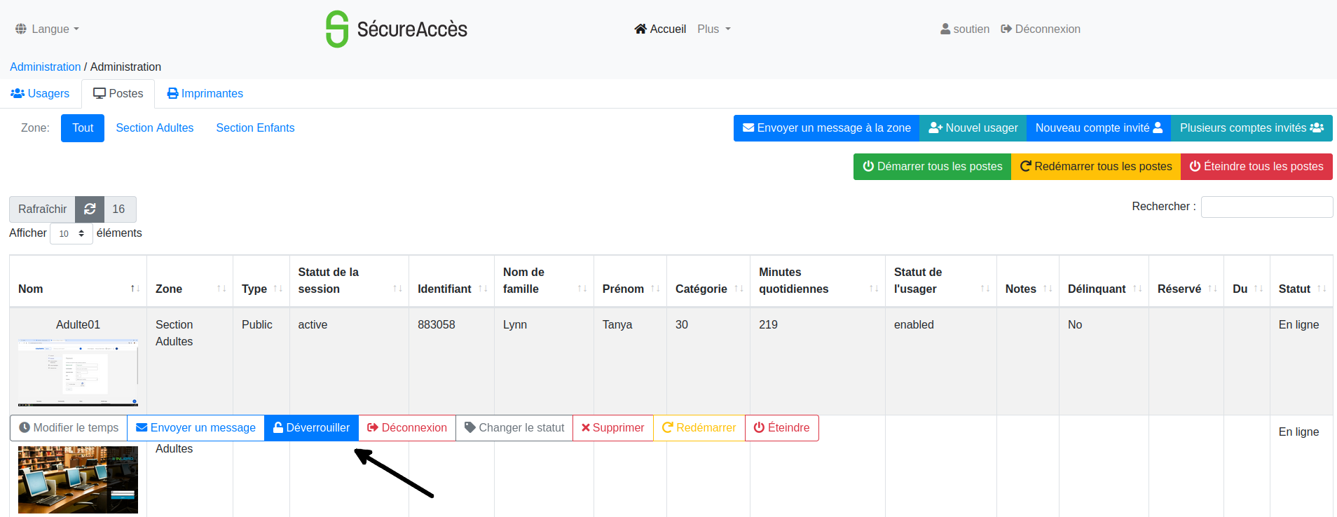 vue du bouton "déverrouiller" dans la page Postes de l'administration Sécure-Accès