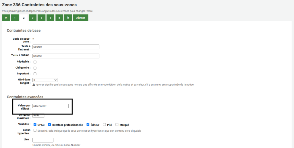 Screenshot showing the settings for subfield 2 of field 336, rdacontent is set as the default value