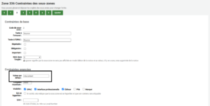 Capture d'écran montrant les paramétrages de la sous-zone 2 de la zone 336, rdacontent est inscrit comme valeur par défaut