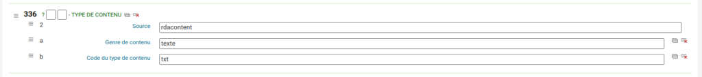 Screenshot showing field 336 filled with values rdacontent (subfield 2), texte (subfield a), and txt (subfield b)