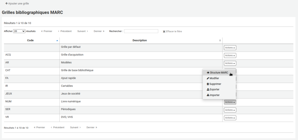 MARC bibliographic frameworks table, the Actions button to the right of the Livre numérique framework is clicked and the cursor is on the MARC Structure option.