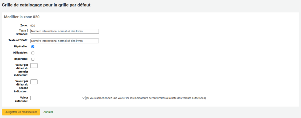 Formulaire de modification de zone MARC dans la grille de catalogage