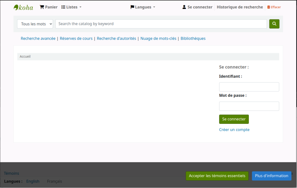 Page principale de l'OPAC, au bas on peut voir une bannière foncée avec deux boutons Accepter les témoins essentiels et Plus d'information