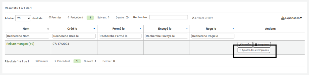 Liste des lots dans le module de conservation, le bouton Ajouter des exemplaires est mis en évidence