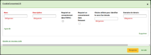 Boîte de dialogue CookieConsentedJS avec le formulaire pour un nouveau code