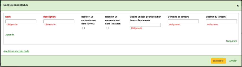 Boîte de dialogue CookieConsentedJS avec le formulaire pour un nouveau code