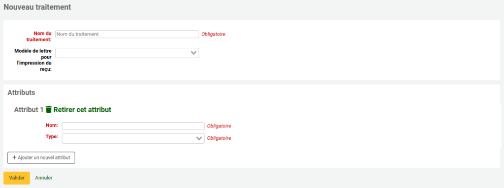 Formulaire d'ajout de traitement de conservation, la section Attribut est ouverte et les champs pour ajouter un nouvel attribut sont visibles