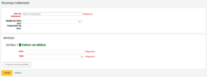 Formulaire d'ajout de traitement de conservation, la section Attribut est ouverte et les champs pour ajouter un nouvel attribut sont visibles