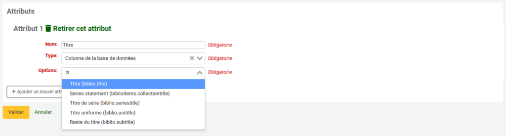 Formulaire d'ajout d'attribut dans un traitement, le champ Nom contient Titre, le champ Type contient Colonne de la base de données et le champ Options contient tit et les options sont limitées aux colonnes qui contiennent tit