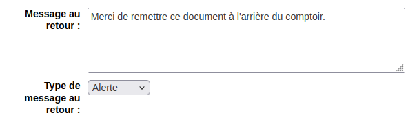 vue des paramètres "message au retour" et "type de message au retour" du formulaire d'ajout de type de document