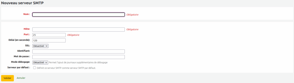 Formulaire d'ajout de serveur SMTP