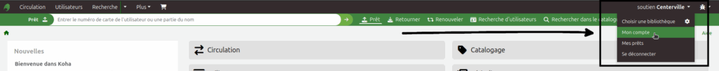 Le menu pour l'utilisateur connecté est déroulé et le curseur de la souris est sur l'option Mon compte.