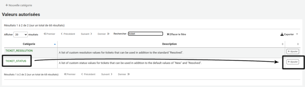 Page des catégories de valeurs autorisées, la liste est limitée aux catégories qui ont ticket dans leur nom. La catégorie TICKET_STATUS est mise en évidence et une flèche pointe le bouton Ajouter à sa droite