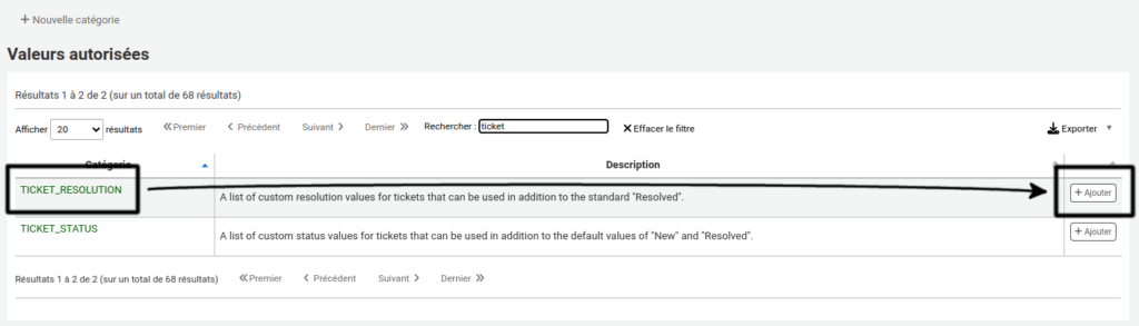 Page des catégories de valeurs autorisées, la liste est limitée aux catégories qui ont ticket dans leur nom. La catégorie TICKET_RESOLUTION est mise en évidence et une flèche pointe le bouton Ajouter à sa droite