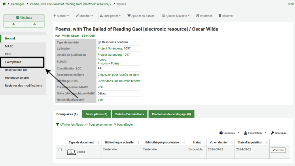 Notice détaillée, l'onglet Exemplaire à gauche est mis en évidence